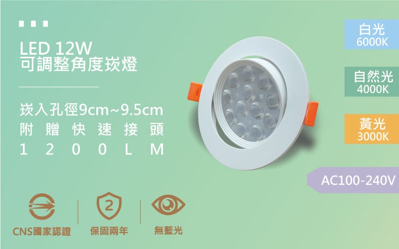 【開孔9cm】LED 12W 12珠 聚光可調整角度崁燈