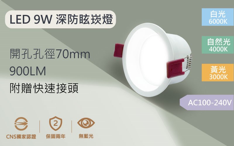 【開孔7.5公分】LED 9W 深防眩柔光崁燈
